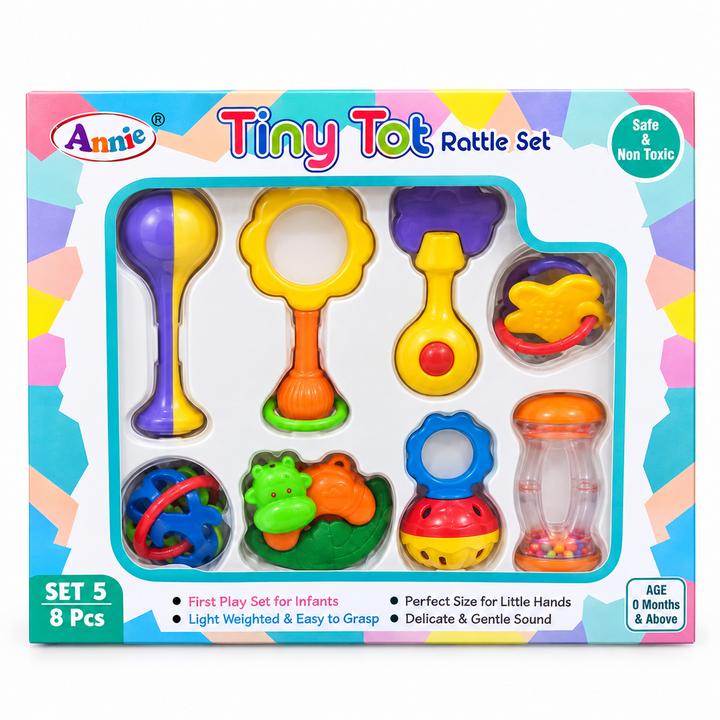 Annie Tiny Tot Rattle Set | Colorful Baby Rattles & Sensory Toys | Safe & Non-Toxic Infant Toy Set | 8 Pieces