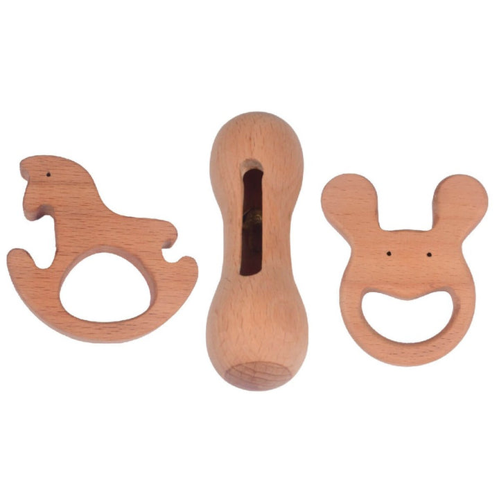 Set of 2 Wooden Teethers & 1 Wooden Bell Rattle (3-12 Months)