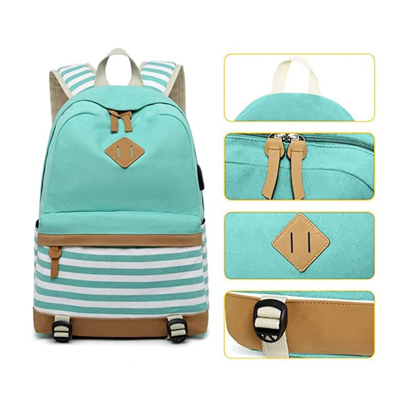 Green stripes Backpack with Lunch Bag & Stationery Pouch (Mint Green)