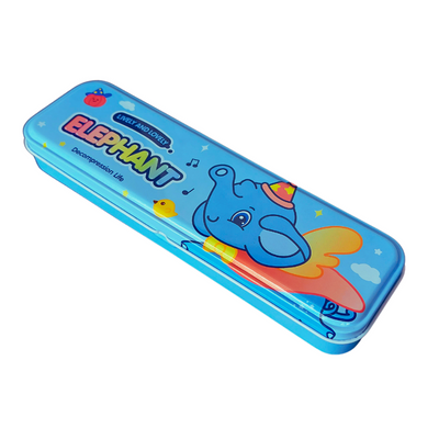 Cartoon Hardtop 2 Compartment Small Size Metal Pencil Box - Elephant Design | Blue Colour