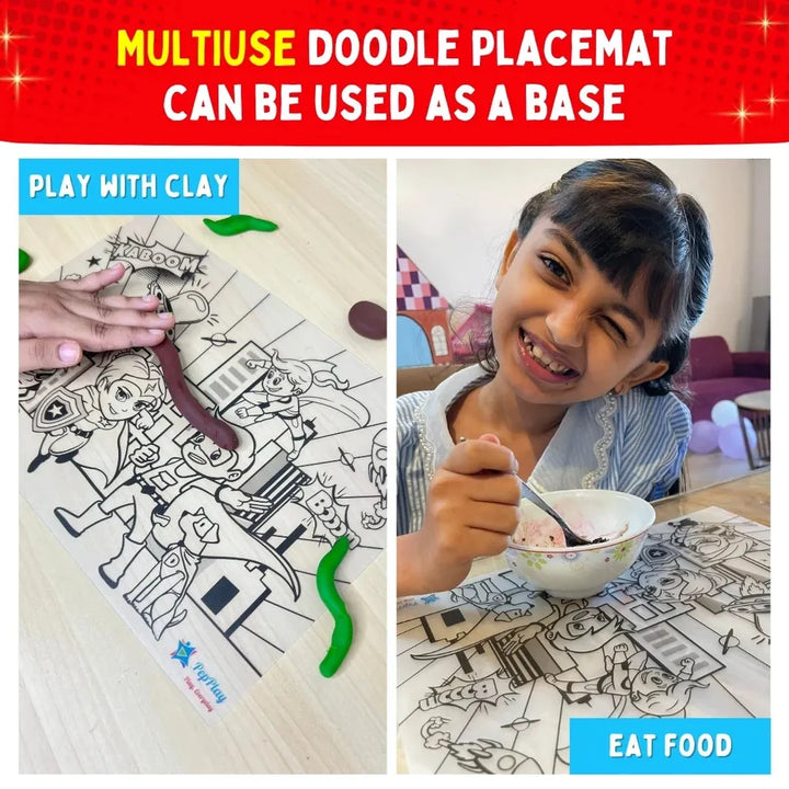 PepPlay Recolourables Colour & Wipe Placemats - Super Power | Reusable Wet-Erase Colouring