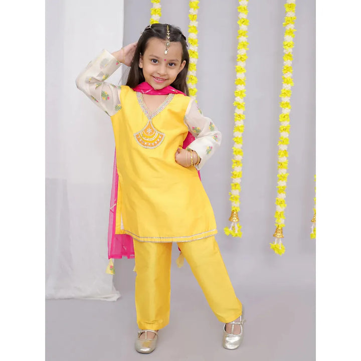 The Wishing Closet Mustard White Chanderi Emb Kurta Set - 6 Months to 5 Years
