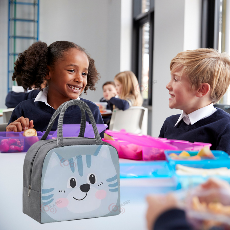 Insulated Lunch Box Bag with Aluminium Foil Insulation | Grey Colour, Blue Cat Design