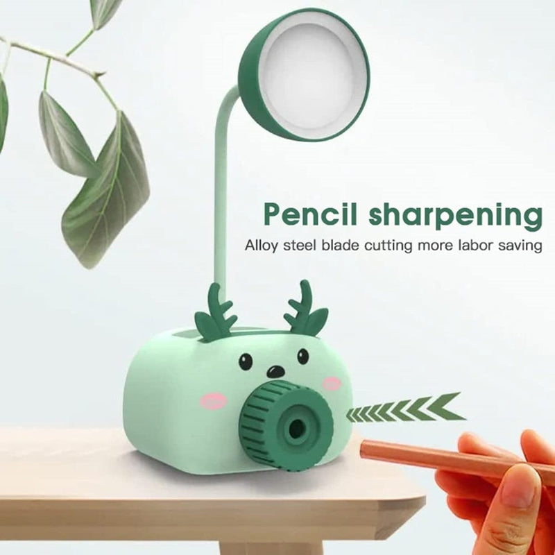 Cute Camera Style Tabletop Desk Lamp LED Light Pencil Sharpener With Holder 3 in 1 Multifunction White Shade Study Lamps (Assorted Colors)