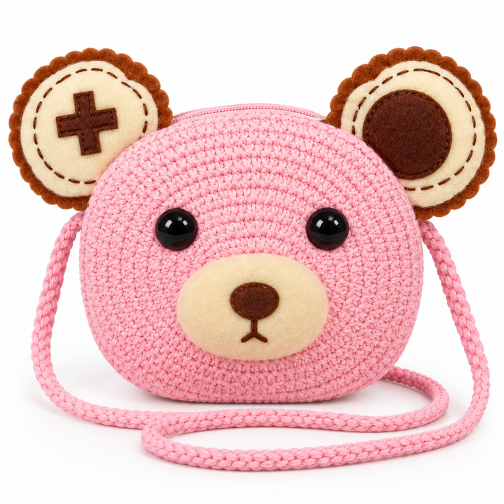 Pink Teddy Bear Sling Bag for Kids | Cute Knitted Crossbody Purse with Zipper Closure | Lightweight Kids Shoulder Bag