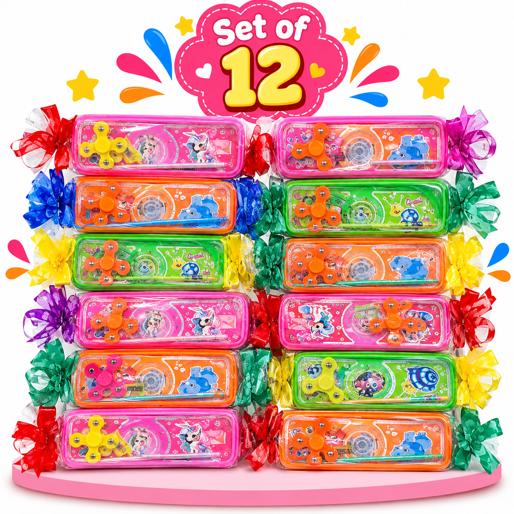 Set of 12 Pencil Boxes with Pencil, Sharpener & Fidget Spinner Pen | Assorted Designs & Colours for Kanya Pujan & Kanjak Gifts | Kanjak Special