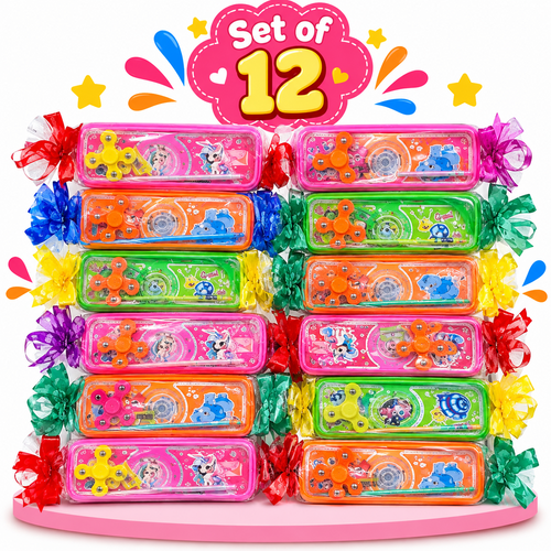 Set of 12 Pencil Boxes with Pencil, Sharpener & Fidget Spinner Pen | Assorted Designs & Colours for Kanya Pujan & Kanjak Gifts | Kanjak Special