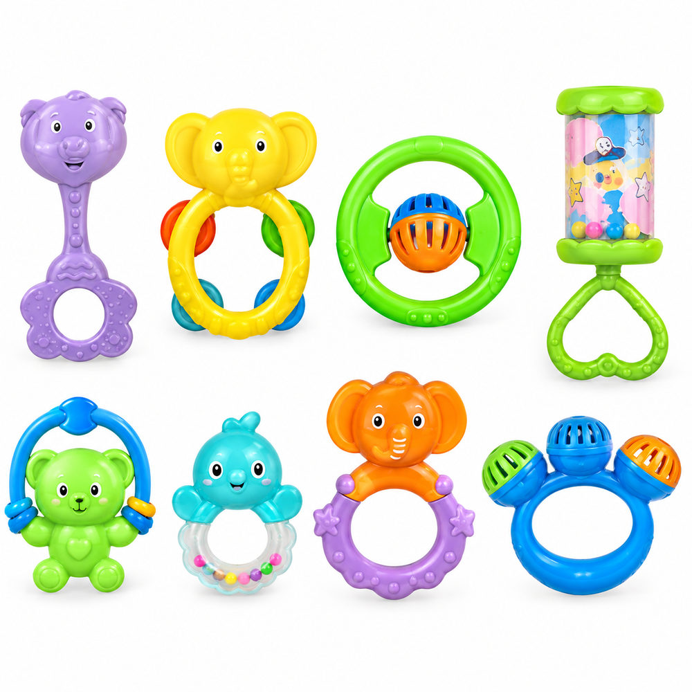 SIMARR Sound of Music 8-Piece Baby Rattle Set | Colourful Animal & Musical Rattles | Sensory Development Toys for Infants