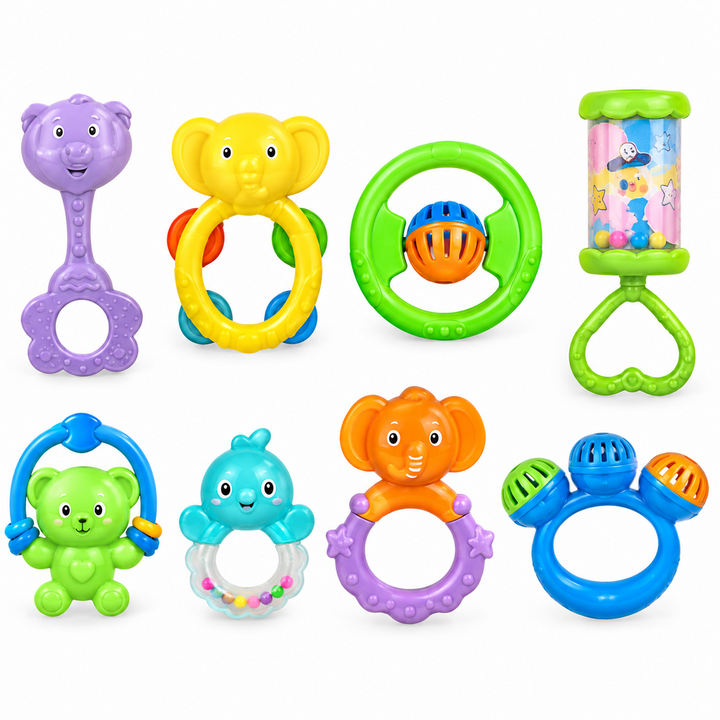 SIMARR Sound of Music 8-Piece Baby Rattle Set | Colourful Animal & Musical Rattles | Sensory Development Toys for Infants