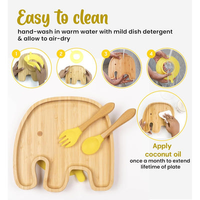 Jumbo Bamboo Suction Plates for Baby and Toddler | Weaning Spoon & Fork |Yellow