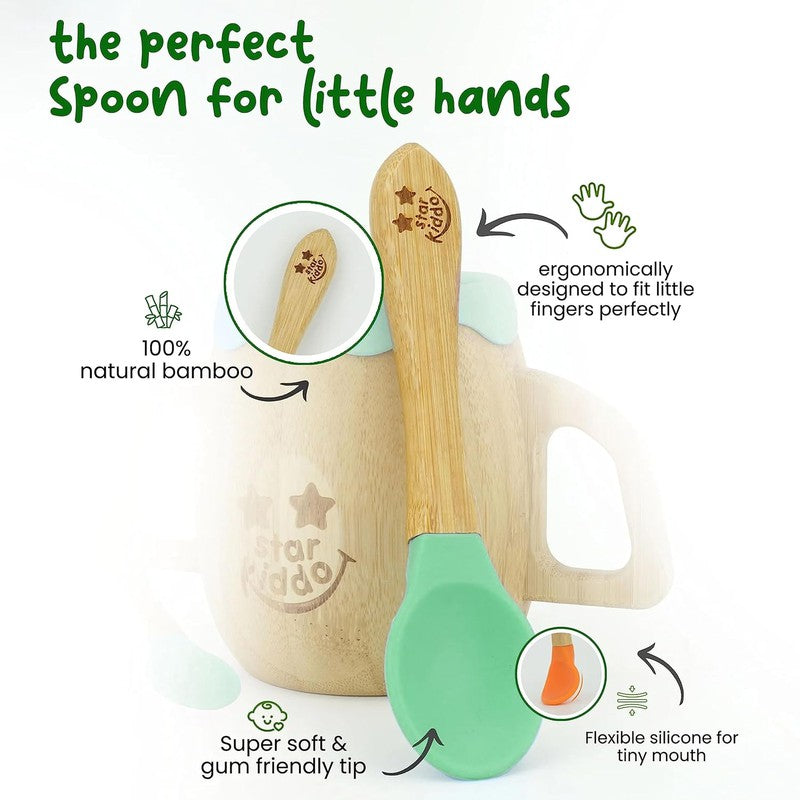 Rider Bamboo Suction Plates for Baby and Toddler with Adjustable Printed Bib and Weaning Spoon| BPA Free Non-Toxic | Baby-Led Weaning Supplies for Toddler Self-Feeding(Combo-Beige)