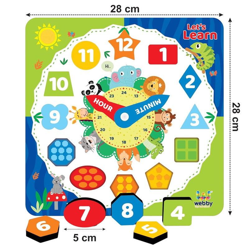 Wooden Early Educational Teaching Clock-Time & Shapes Sorting Toy for Kids, 12 Pcs (Square)