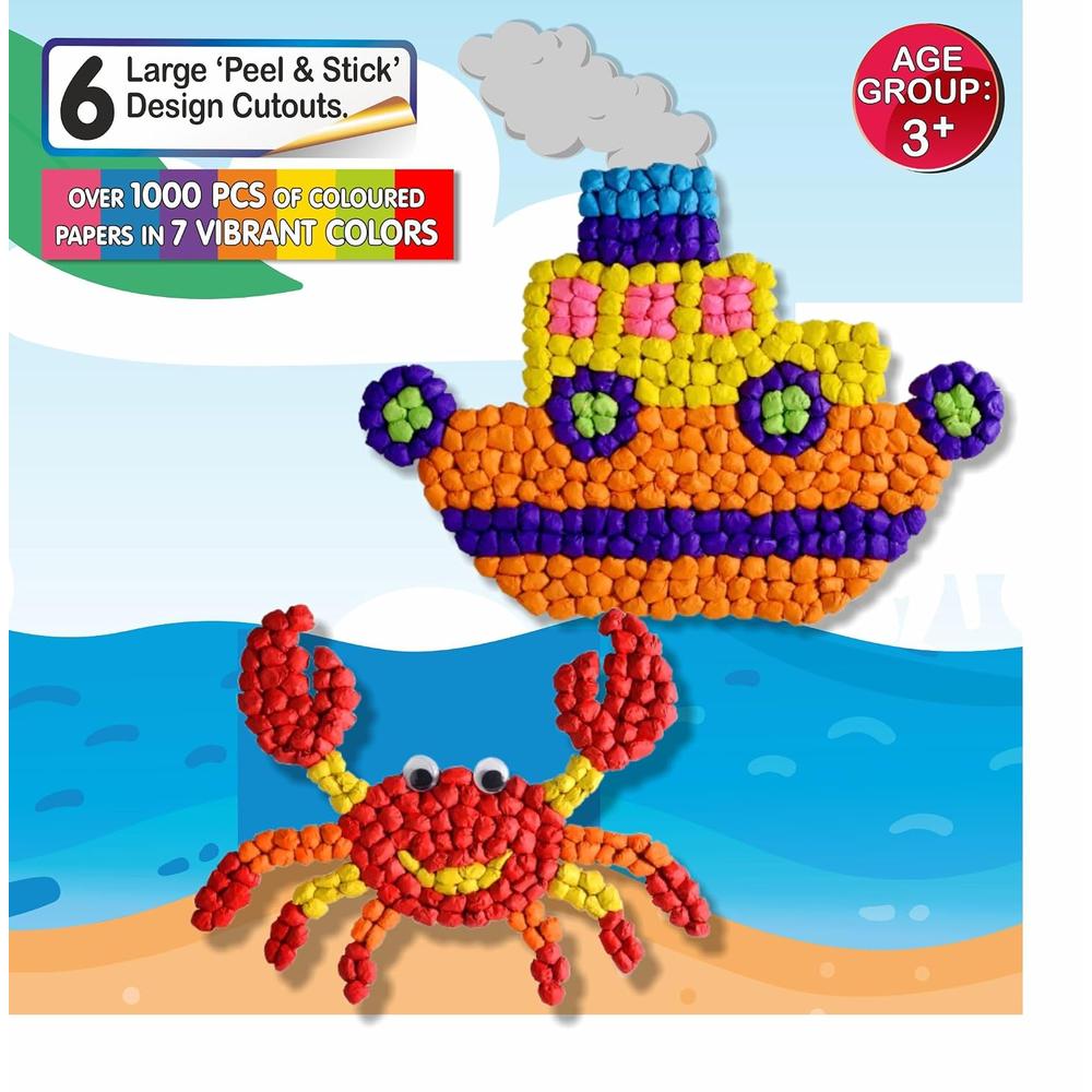 Happy Kidz Paper Crumpling Craft Kit – Ocean Theme | 6 Peel & Stick Designs | DIY Art & Craft Activity for Kids