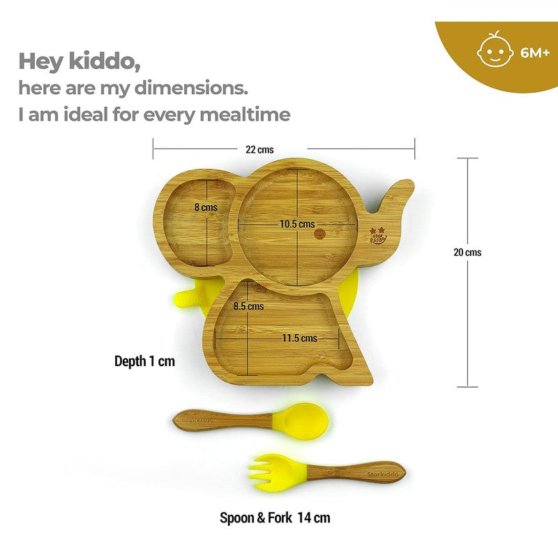 Cute Bamboo Tusker Suction Baby Plate for Kids and Baby-Led Weaning | 3 Sections | Natural Bamboo BPA Free Baby Plate (Yellow)