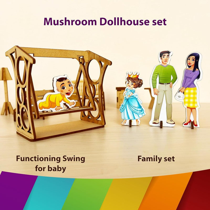 DIY Kit Mushroom Themed Dollhouse with Miniatures & Furniture Set, Includes Family Set, Swing for Baby, Pet Animals & Bike for Perfect Fun Role Play