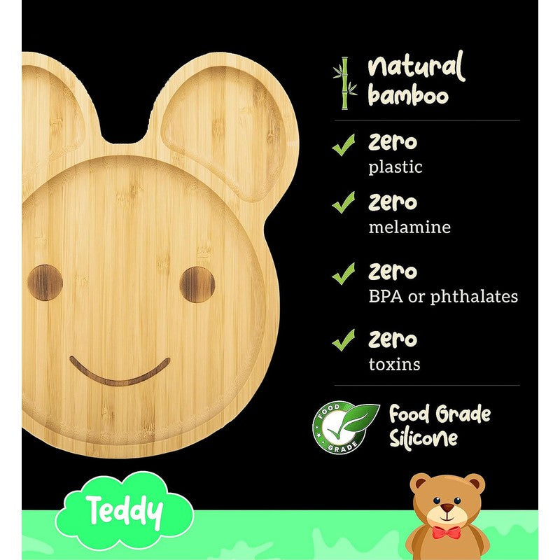 Teddy Bamboo Suction Plates for Baby and Toddler | Weaning Spoon & Fork | Green