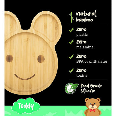 Teddy Bamboo Suction Plates for Baby and Toddler | Weaning Spoon & Fork | Green