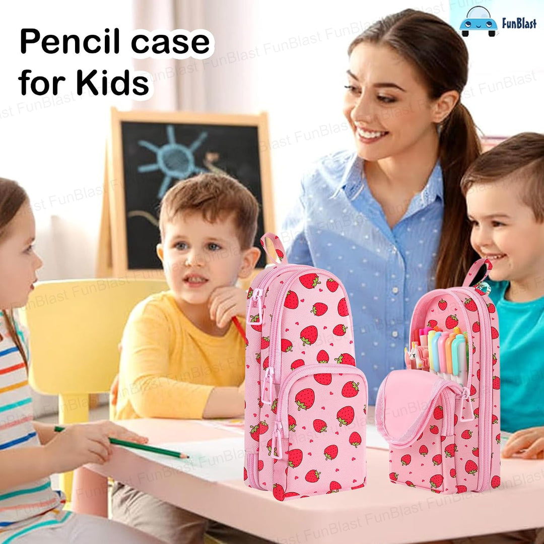 FunBlast Strawberry Pencil Case | Large Capacity 3-Layer Canvas Hangable Kawaii Pencil Pouch