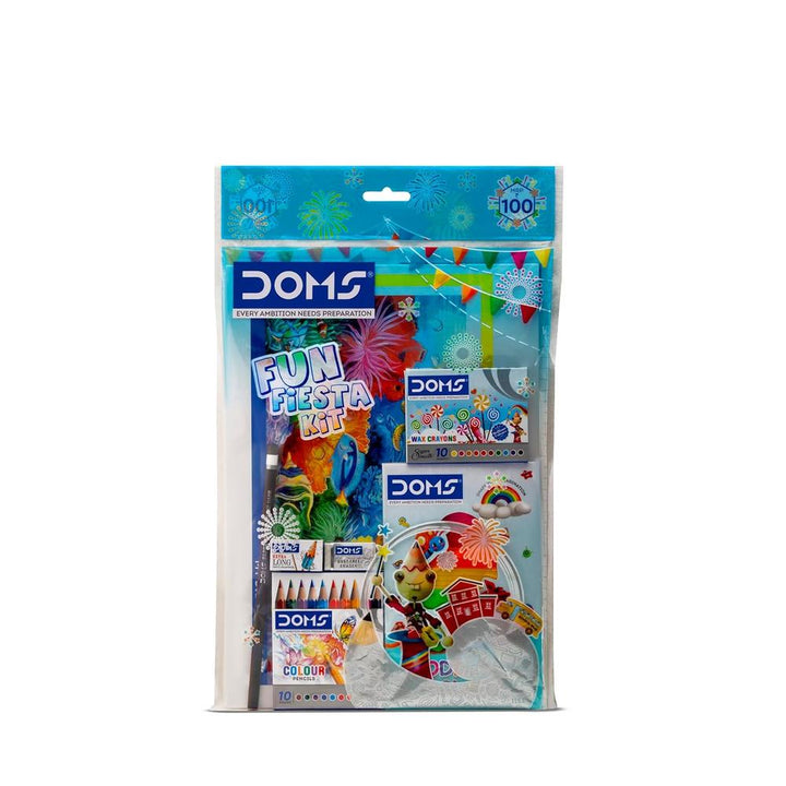 Doms Fun Fiesta Kit - Drawing Book, Modelling Clay Pack, Wax Crayon Pack, Water Color Pen Pack, Pencil, Eraser & Sharpener