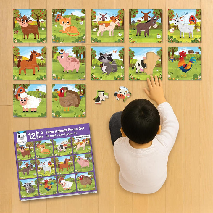 Play Panda 12 in 1 Farm Animals Puzzle Set I Preschool Educational Activity for Kids