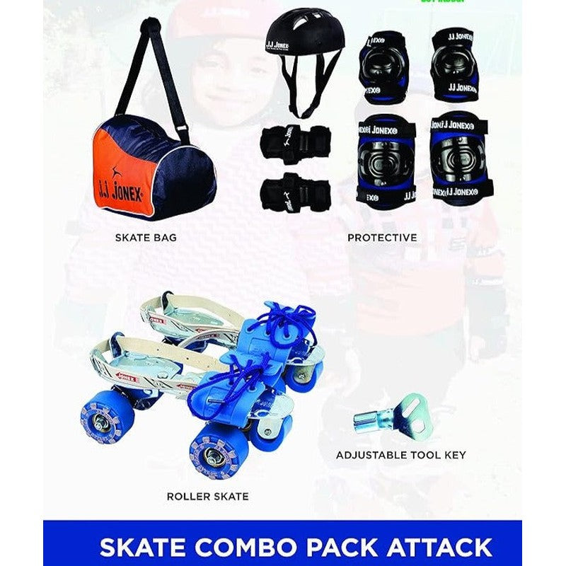 JJ Jonex Attack Adjustable Skates Combo (Skates + Helmet + Knee pad + Elbow pad + Skates Gloves + Key + Bag) (MYC) | Medium | Helmet - Black | 6-11 Years