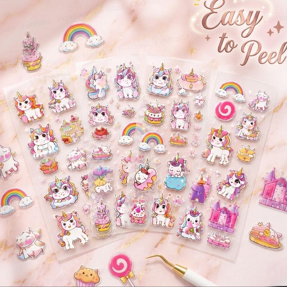 FunBlast Unicorn Theme PET Stickers | 100 Sheets | 500+ Kawaii Japanese Style Self Adhesive Stickers