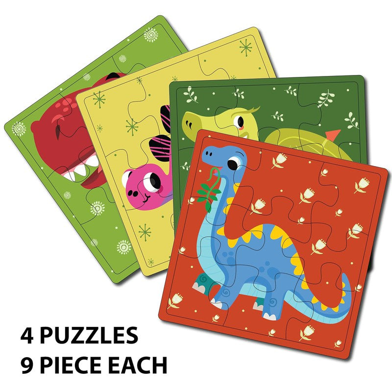 Wooden Dinosaurs Puzzle for kids | 9 Pieces Puzzles | Educational Toys and Games | Set of 4 Puzzles in Box