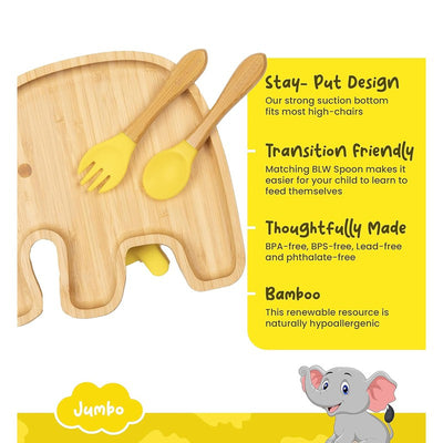 Jumbo Bamboo Suction Plates for Baby and Toddler | Weaning Spoon & Fork |Yellow