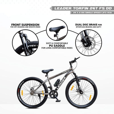 Torfin 26T MTB Cycle with Dual Disc Brake & Front Suspension (Grey) | 12+ Years (COD Not Available)