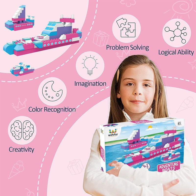 3 IN 1 Adventure Boats ABS Building Blocks Kit, Colourful Bricks and Blocks Play Set - (108 Pcs)