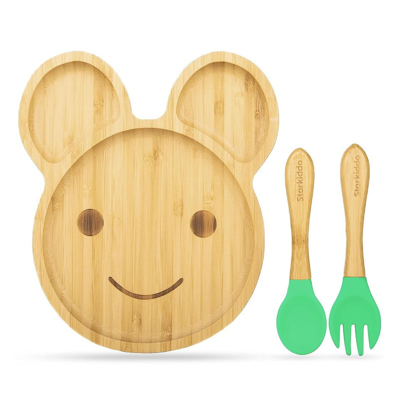 Teddy Bamboo Suction Plates for Baby and Toddler | Weaning Spoon & Fork | Green