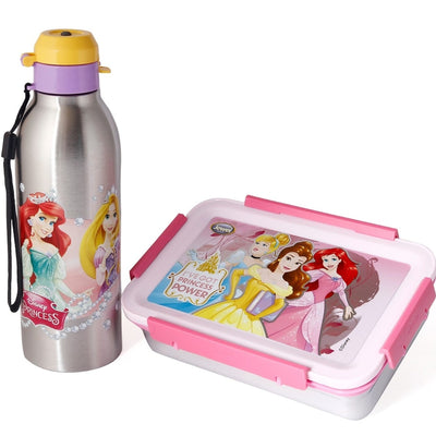 Original Licensed Disney Marvel Steel Lunch box and Merit & Clip Up Cartoon Water Bottle - Disney Princess