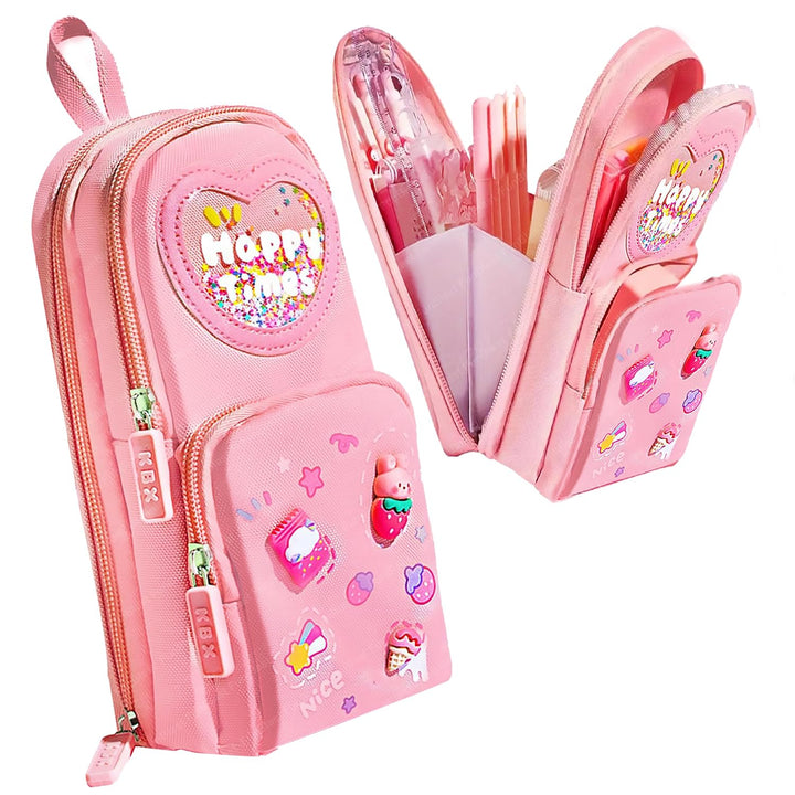 FunBlast Pencil Case for Girls | Large Capacity Hangable Triple-Layer Canvas Pouch