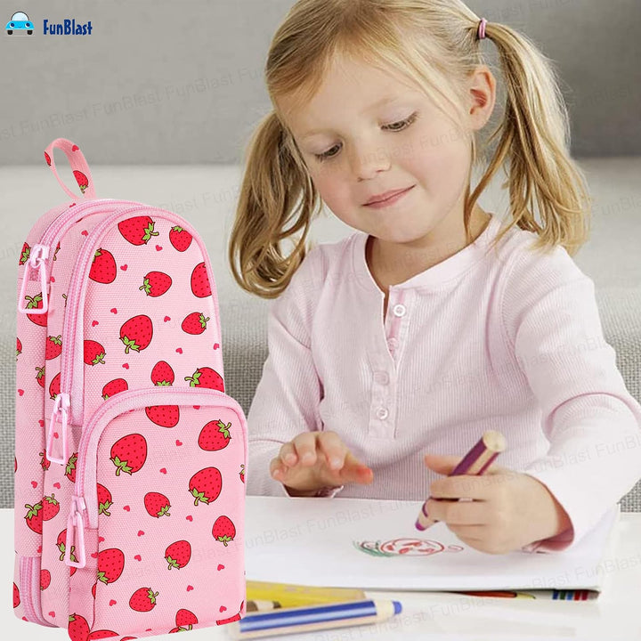 FunBlast Strawberry Pencil Case | Large Capacity 3-Layer Canvas Hangable Kawaii Pencil Pouch