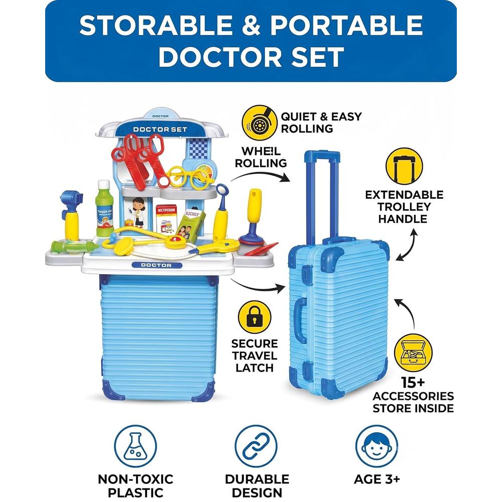 Mamma Mia Doctor Set 2-in-1 Pretend Play Doctor Kit & Pull-Along Suitcase | Portable Medical Play Set with Accessories