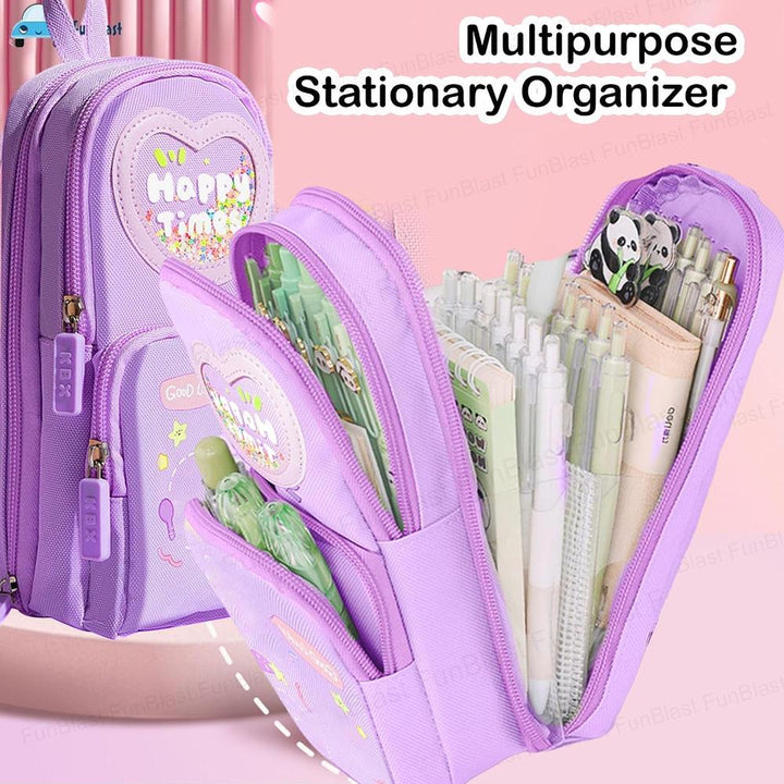 FunBlast Purple Pencil Case for Kids | Large Capacity 3-Layer Canvas Hangable Kawaii Pencil Pouch