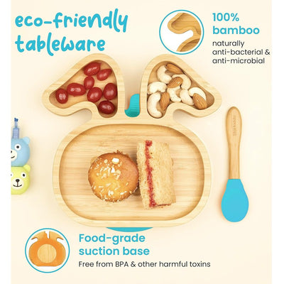 Bamboo Bunny Suction Plate for Kids and Baby-Led Weaning | Natural Bamboo BPA Free (Blue)