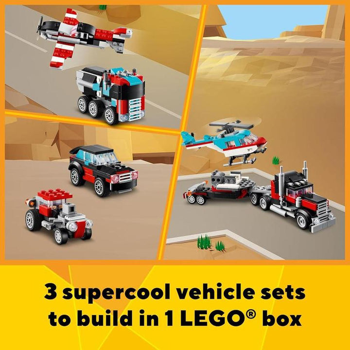 LEGO Creator Flatbed Truck with Helicopter Vehicle Toy 3 in 1 Building Set - 270 Pieces | 31146 (7-12 Years)
