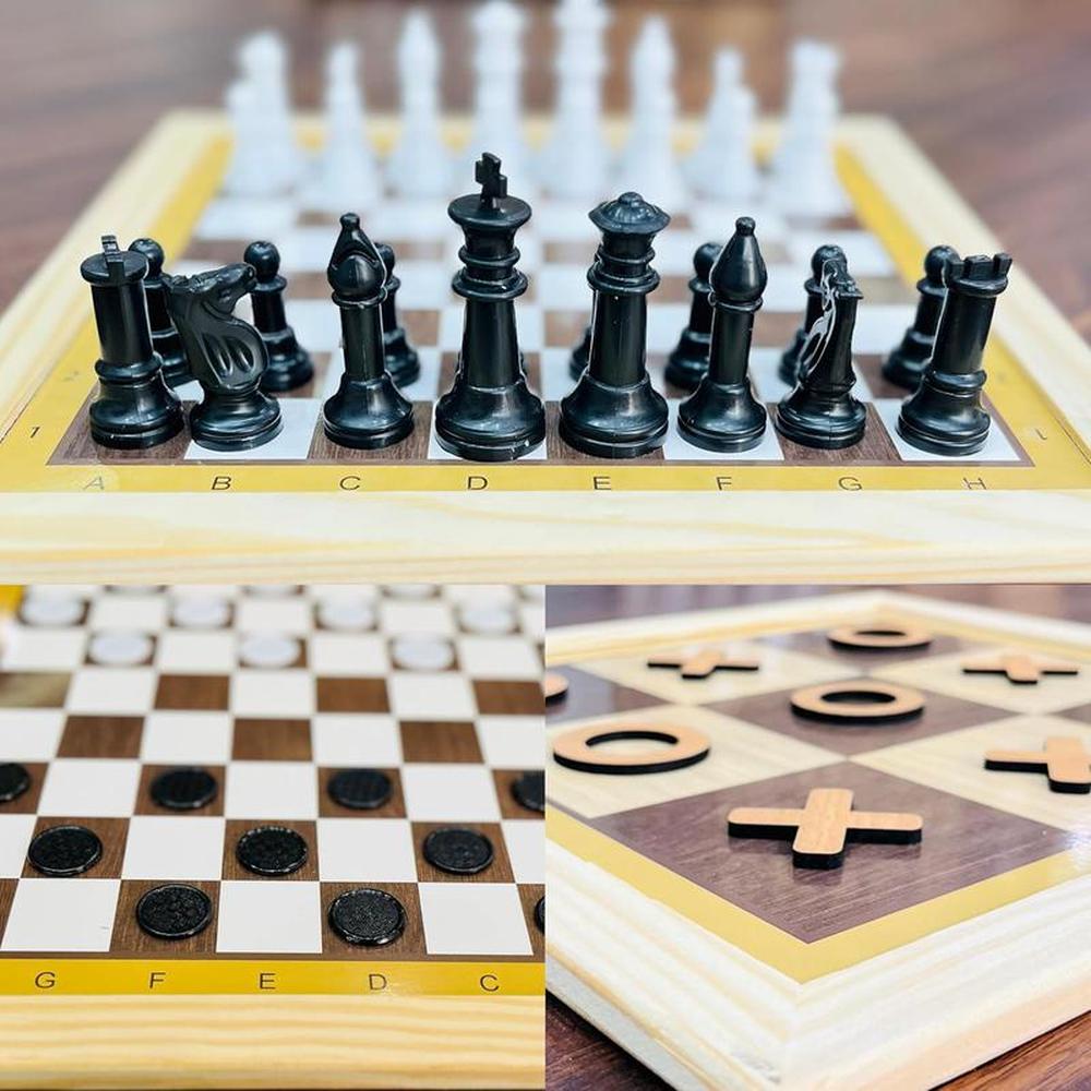 3 in 1 Wooden Chess, Checkers, & Tic Tac Toe Game Set (4 Years till Grown Ups)