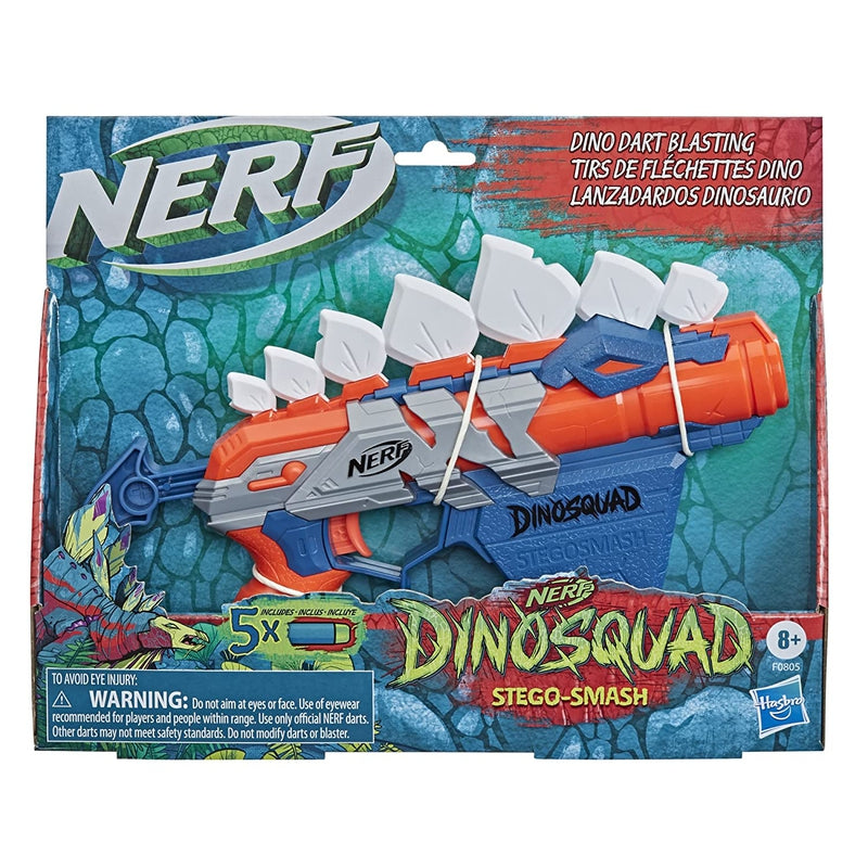 Nerf Dinosquad Stego - Smash Dart Blaster With 4-Dart Storage & Pull-Back Priming Handle