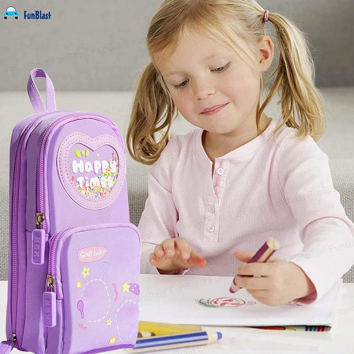 FunBlast Purple Pencil Case for Kids | Large Capacity 3-Layer Canvas Hangable Kawaii Pencil Pouch