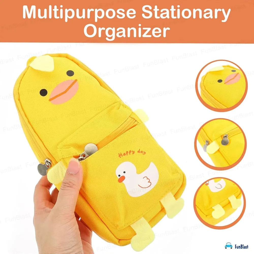 FunBlast Duck Pencil Pouch | Large Capacity Hangable Canvas Pencil Case for School & College- Yellow