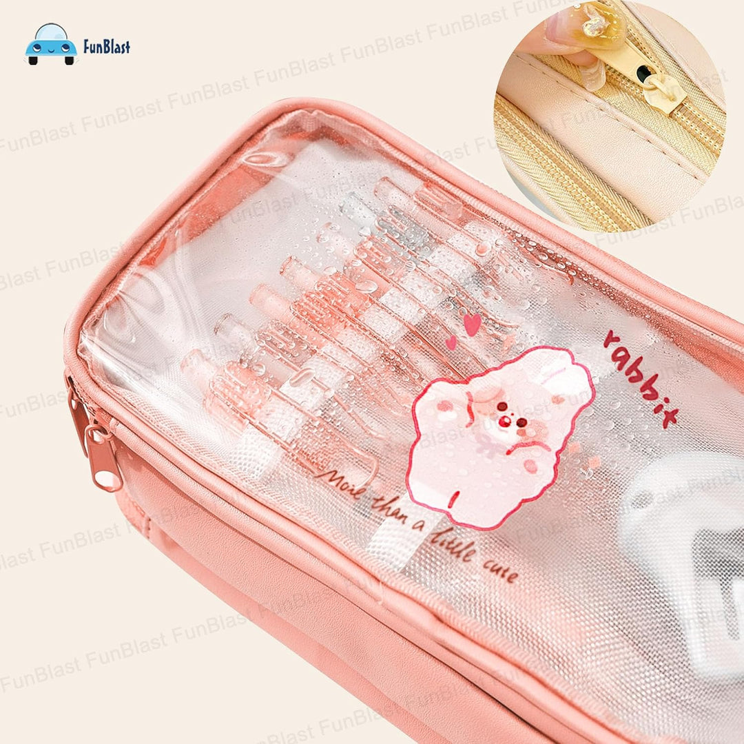 FunBlast Large Capacity Pencil Bag – Peach | 3 Compartment Transparent Pencil Pouch with Zipper