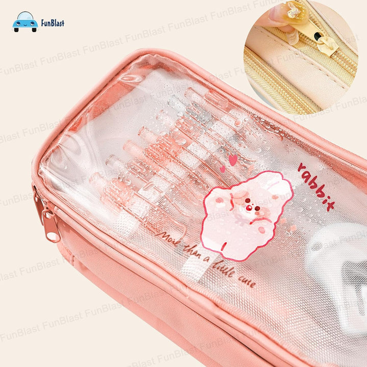 FunBlast Large Capacity Pencil Bag – Peach | 3 Compartment Transparent Pencil Pouch with Zipper