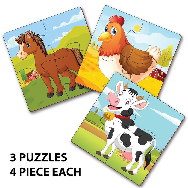 Farm Animal Jigsaw Puzzle for Kids | 4 Pieces Puzzles | Educational Toys and Games  (Set of 3 Puzzles in Box)