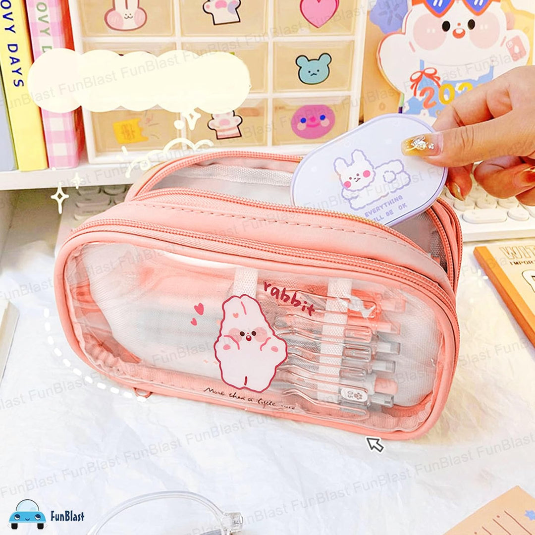 FunBlast Large Capacity Pencil Bag – Peach | 3 Compartment Transparent Pencil Pouch with Zipper