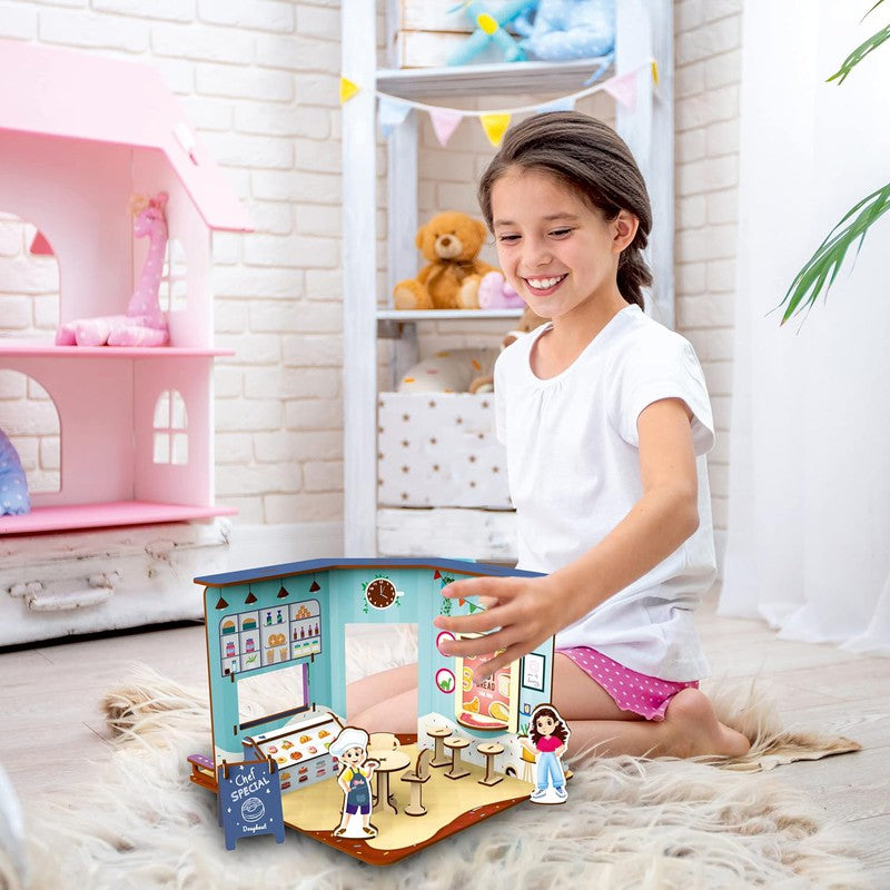 DIY Wooden Kids Cafe Playhouse Doll House Set - Multicolour