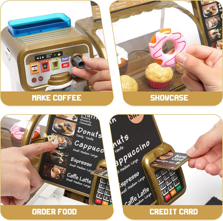 Coffee Shop Pretend Play Set | Kids Coffee Maker with Sound & Water Feature | Cash Register & Dessert Role Play Toy