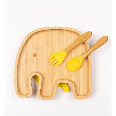 Jumbo Bamboo Suction Plates for Baby and Toddler | Weaning Spoon & Fork |Yellow