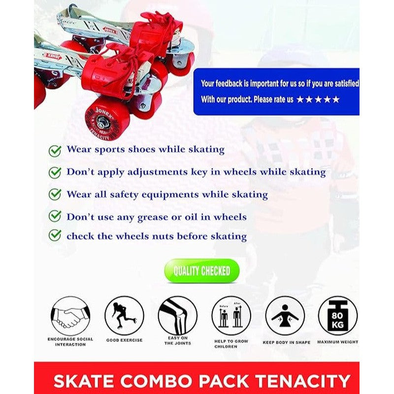 Tenacity Adjustable Skates Combo (Skates + Helmet + Knee pad + Elbow pad + Skates Gloves + Key + Bag) (MYC) | Medium | Black/Red